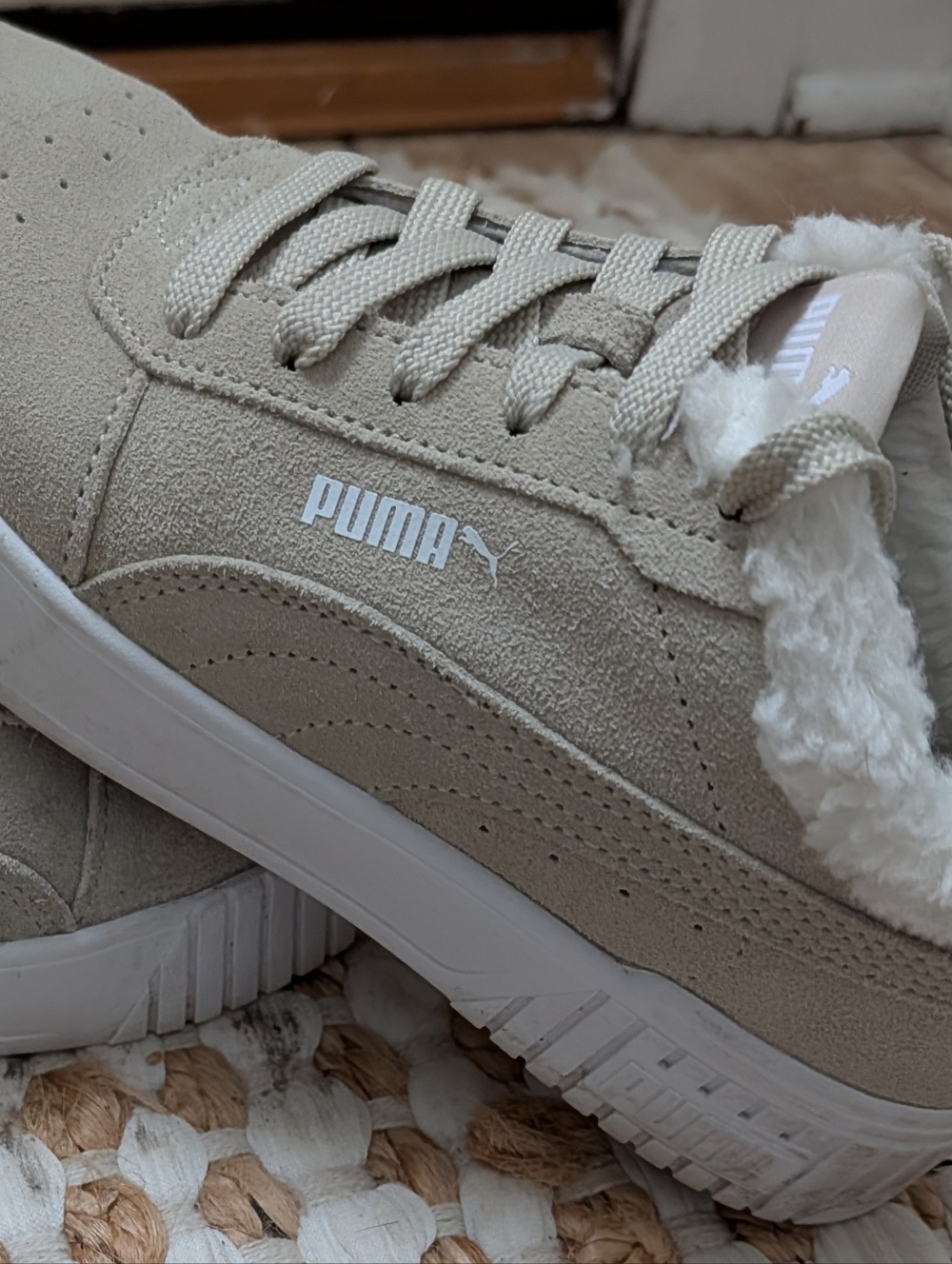Puma Suede Platform Sneakers in Light Taupe with Faux Fur Trim